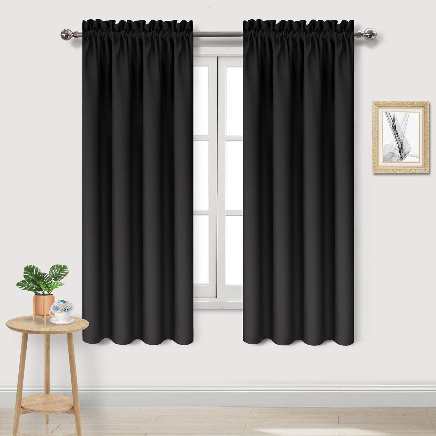 DWCN Blackout Curtains \u2013 Thermal Insulated, Energy Saving &amp; Noise Reducing Bedroom and Living Room Curtains, Black, W 42x L 63 Inch, Set of 2 Rod Pocket Curtain Panels