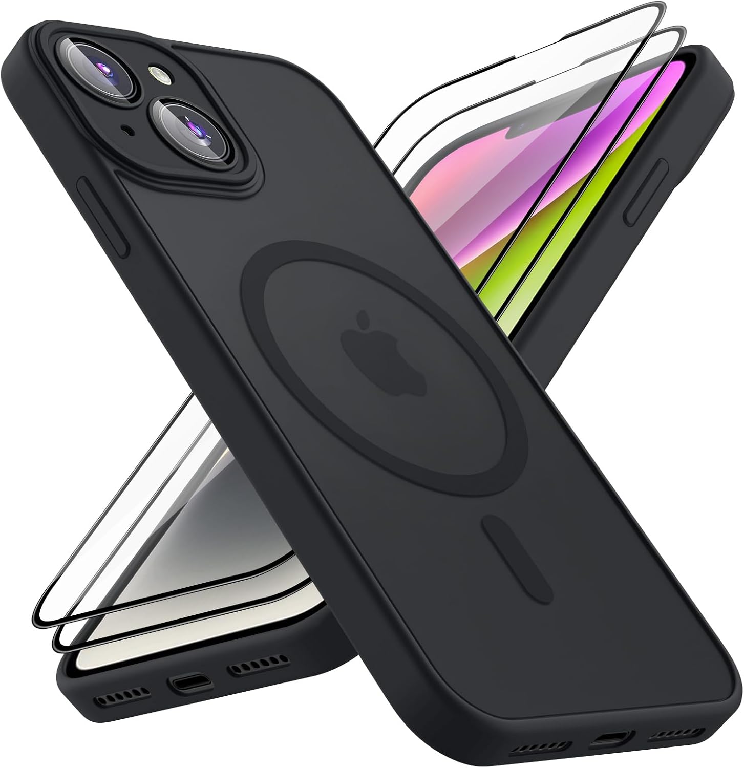 Vanjua for iPhone 14 Case with Magsafe, Magnetic Phone Case with Screen Protector, Translucent Frosted Slim Shockproof Protective Cover for iPhone 14 (Black)