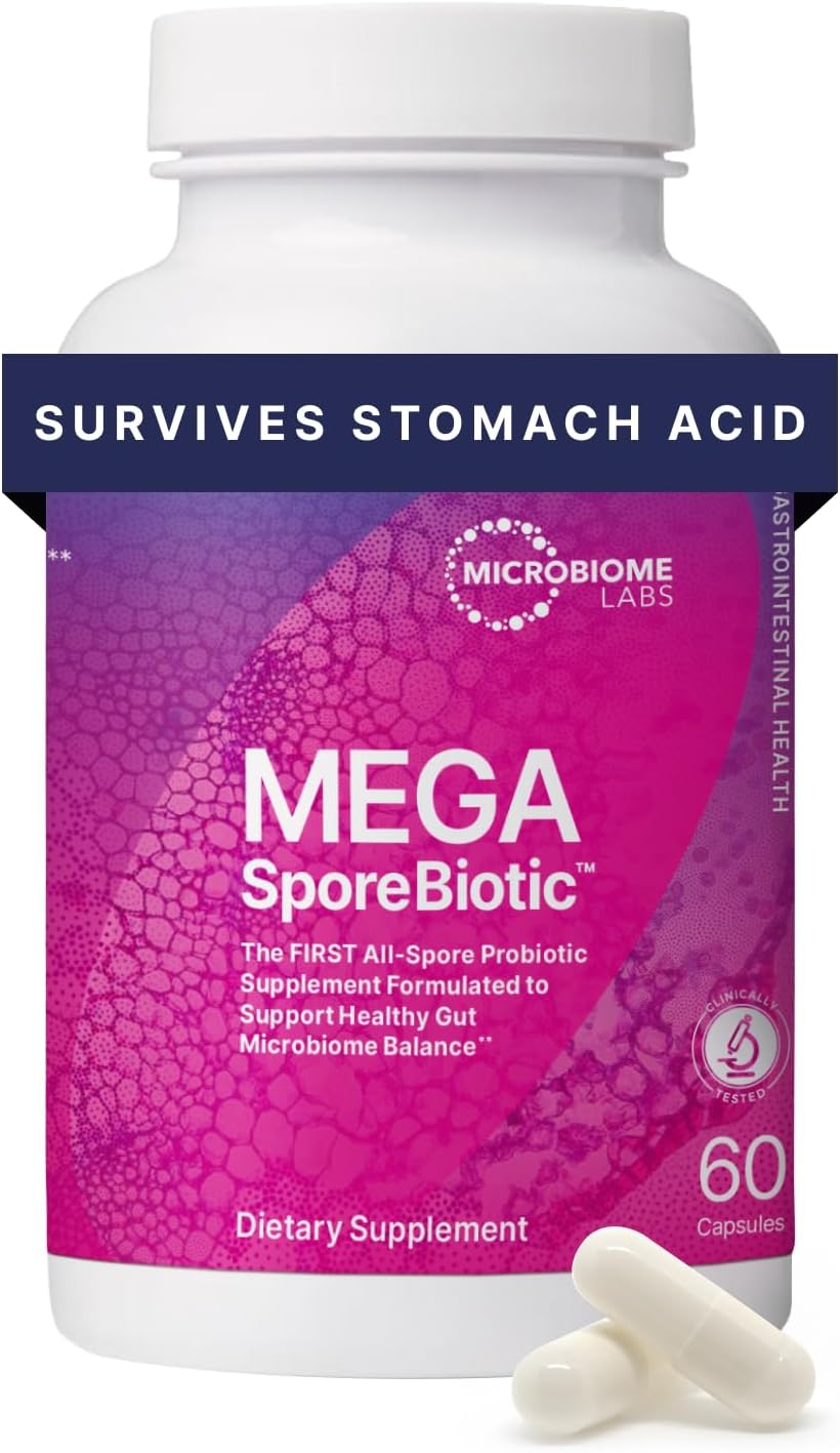Microbiome Labs MegaSporeBiotic Probiotics for Women &amp; Men - Spore-Based Probiotic for Gut Health &amp; Digestive Support - Shelf-Stable, Travel-Friendly, Mens &amp; Womens Probiotics (60 Capsules