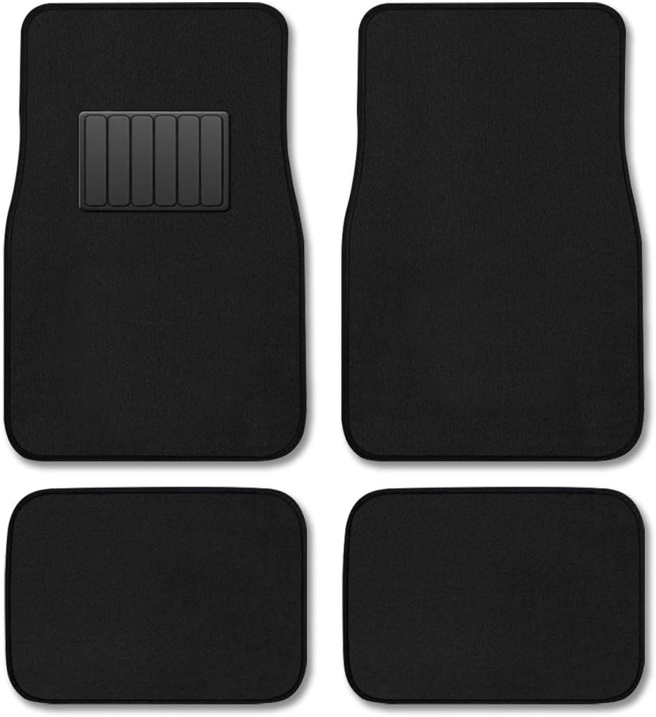 CarsCover Premium Vehicle Mats 4-Piece with Vinyl Heel Pad, Black Carpet Driver Passenger and Rear Floor Mats
