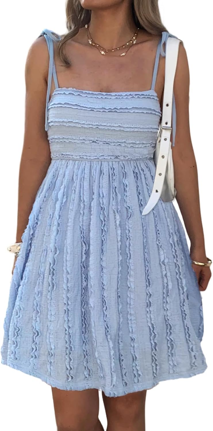 Evzeiem Summer Mini Dress Square Neck Sleeveless Sundress with Spaghetti Strap Flowy A Line Casual Cute Vacation Dresses