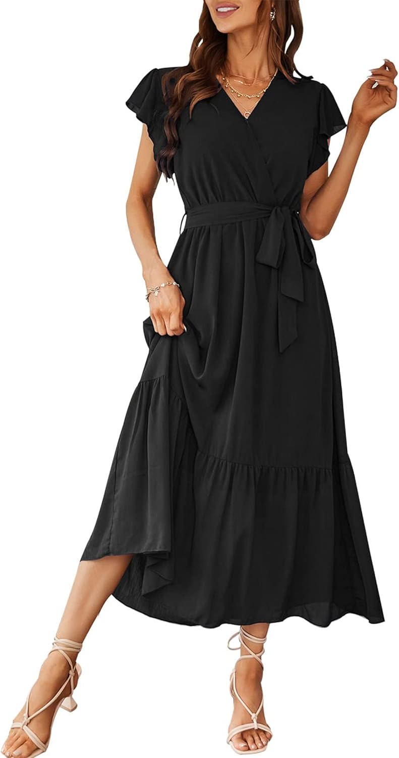 PRETTYGARDEN Women's Summer Floral Boho Maxi Dress Short Sleeve Wrap V Neck Ruffle Long Flowy Beach Wedding Guest Dresses