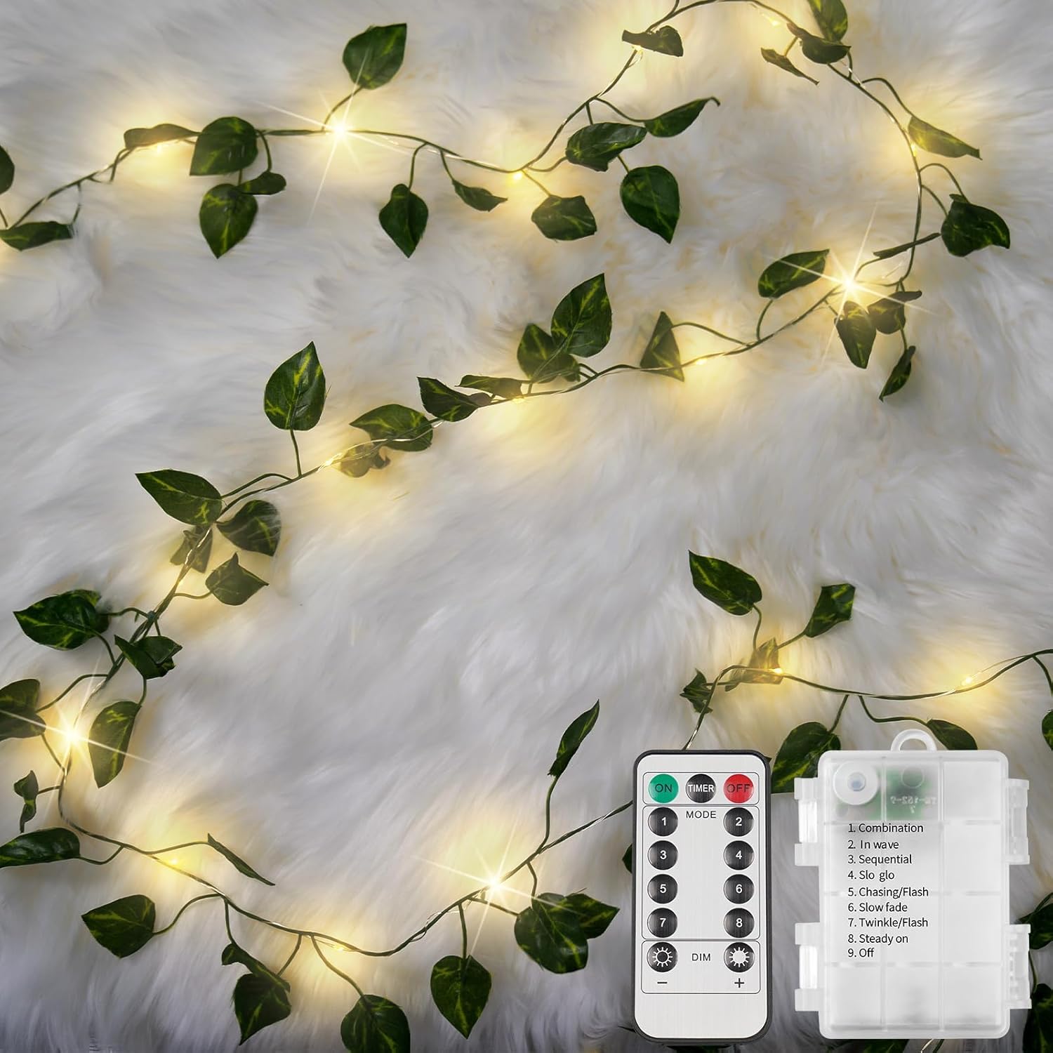 suddus Vine with Fairy Lights Battery Operated, 33ft100 LED Pothos String Lights with Remote, Leaf Lights for Bedroom, Room, Wall, Garden, Party, Wedding Dorm Decor(Warm White)