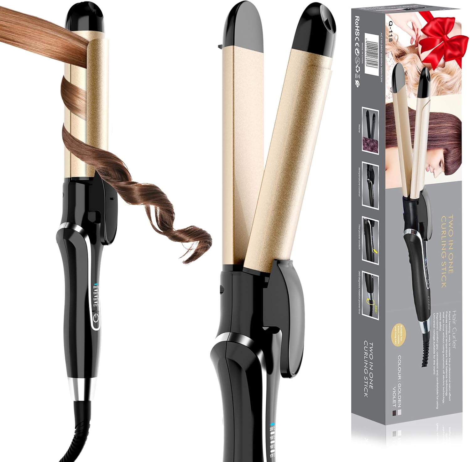 Curling Iron, 2 in 1 Hair Straightener and Curler, 1.25 Inch Ceramic Curling Wand with Adjustable Temperature, Dual Voltage for All Hair Types, Anti-Tangle for Long-Lasting Curls and Straight