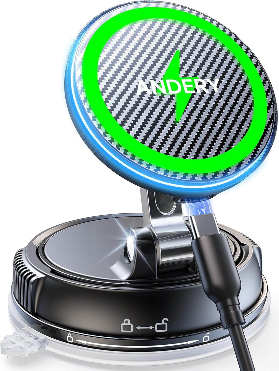 ANDERY Only for iPhone Magsafe Car Mount Charger [15W Fast Wireless Charging, 78+LBS Strong Suction, 2400gf Strong Magnetic] 360° Adjustable Phone Holders for Your Car, Stable Support Arm for Video