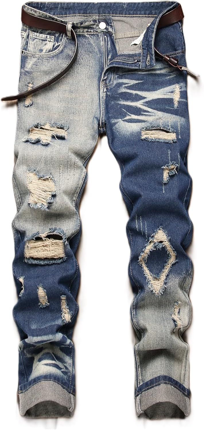 YIHUILONG Men's Ripped Jeans Regular Fit Distressed Slim Straight Leg Stacked Biker Fashion Comfort Denim Pants