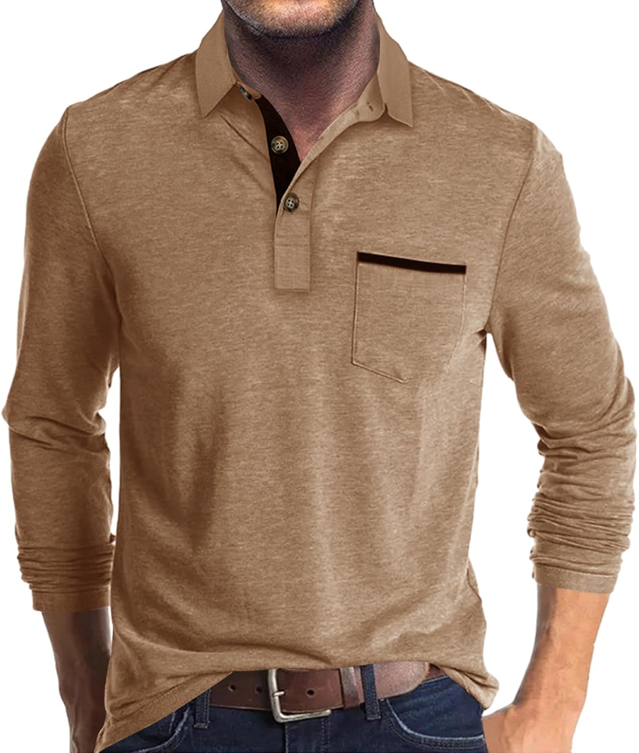 Mens Fashion Polo Shirts Cotton Classic Long Sleeve Thermal Button Shirt with Pocket