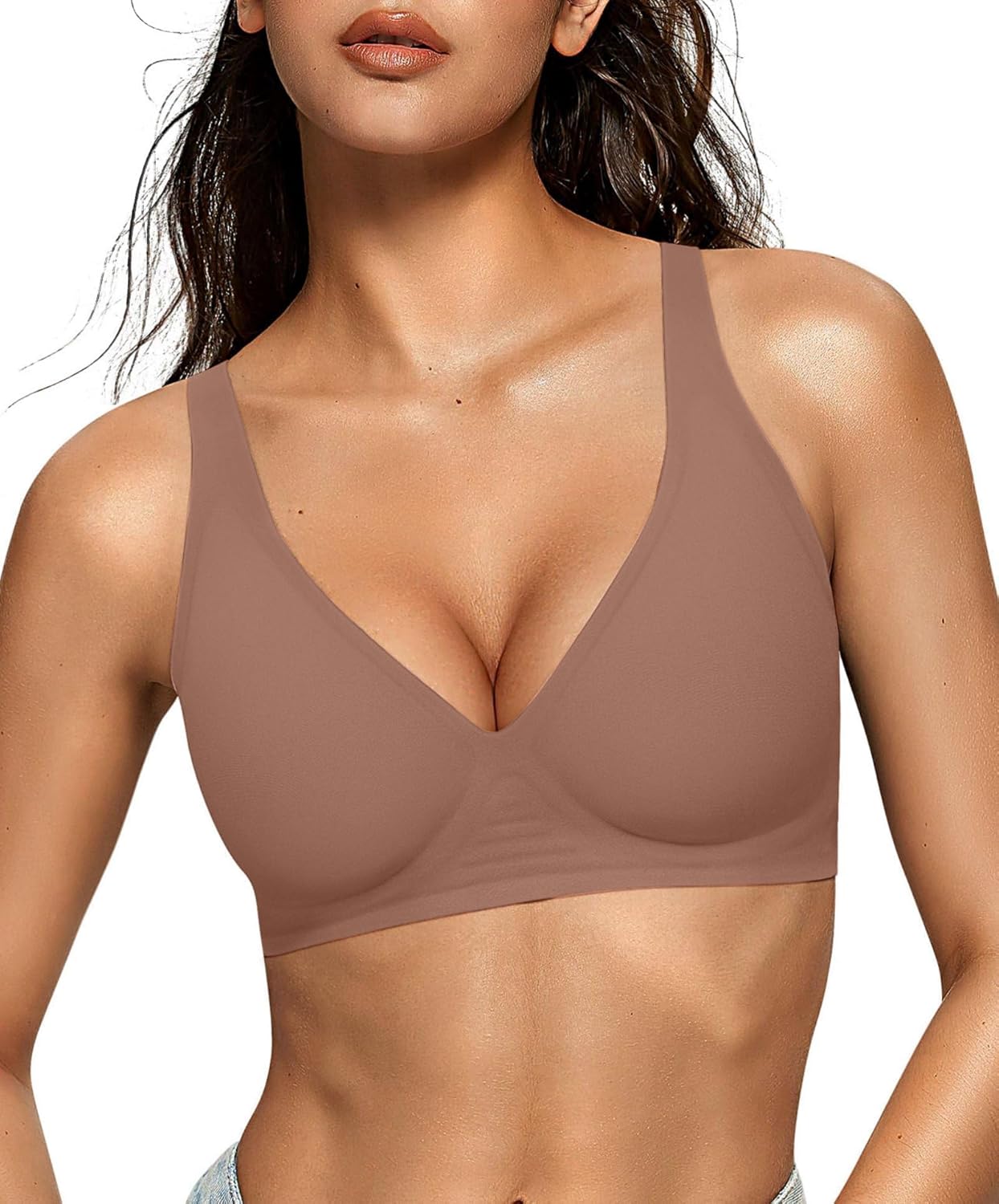 OEAK Womens Deep V Bras Wireless Comfortable Bra Supportive No Underwire Bras Tshirt Push Up Bralettes Plunge Seamless Bra