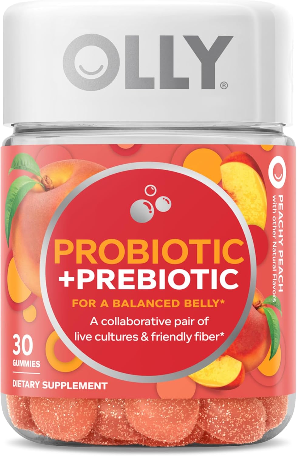 OLLY Probiotic + Prebiotic Gummy, Digestive Support and Gut Health, 500 Million CFUs, Fiber, Adult Chewable Supplement for Men and Women, Peach, 30 Day Supply - 30 Count
