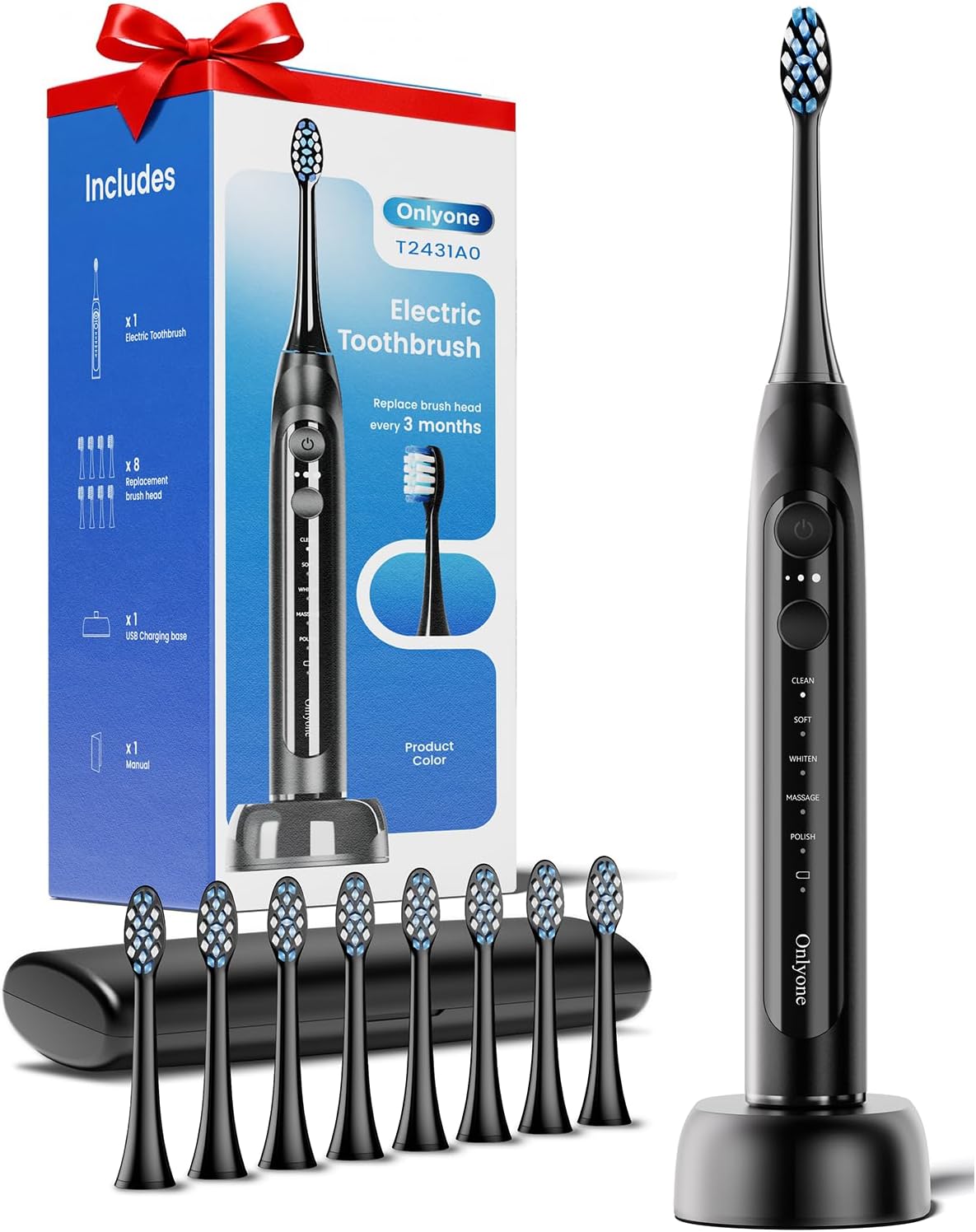 Onlyone Sonic Electric Toothbrush for Adults, Rechargeable Ultrasonic Electric Toothbrush with 8 Brush Heads, Travel Case, Charging Base &amp; Wireless Charging - 5 Modes with Smart Timer