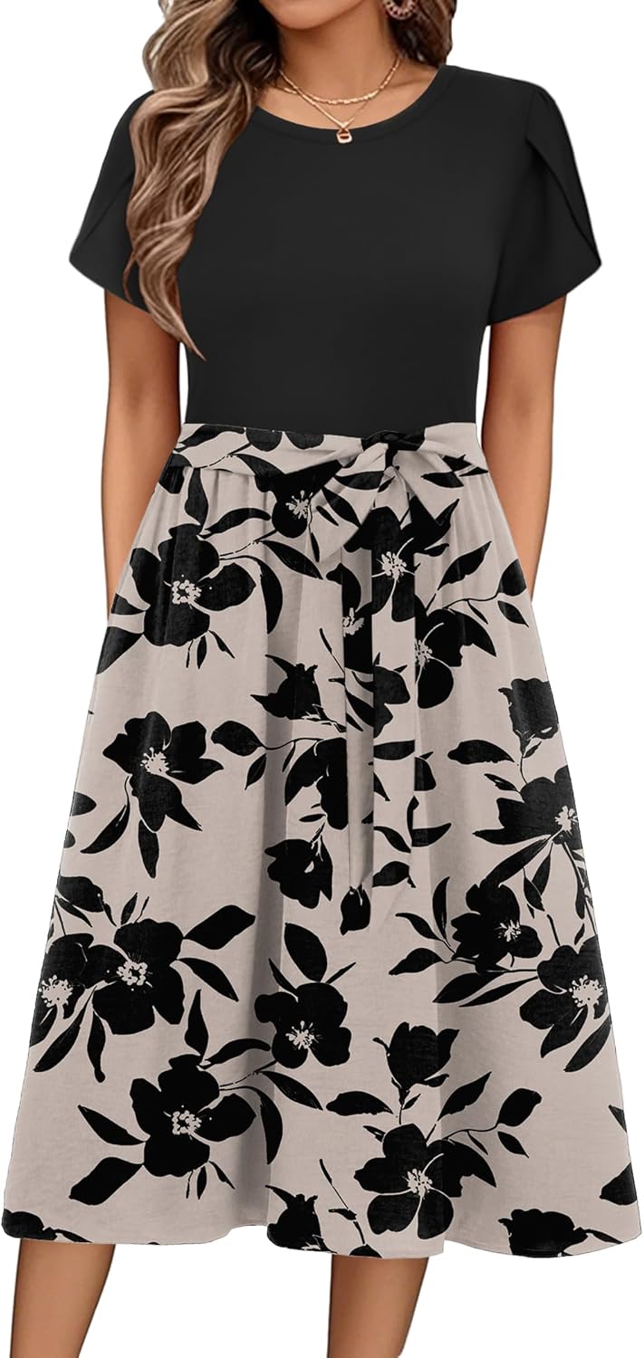 Zeagoo Womens Midi Dress Summer Short Sleeve Dress with Pockets 2025 Casual Floral T-Shirt Dress Flowy Beach Sundress
