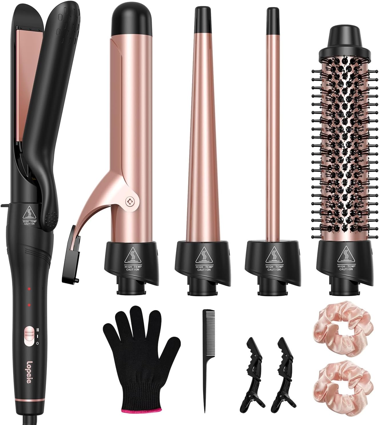 Lopeie 5 in 1 Curling Iron with Thermal Brush and 4 Interchangeable Ceramic Barrels(1\/2 to 1 1\/2 inch), Curling Wand Set with Flat Iron, Fast Heating, Dual Voltage Hair Curler, Gifts for Women