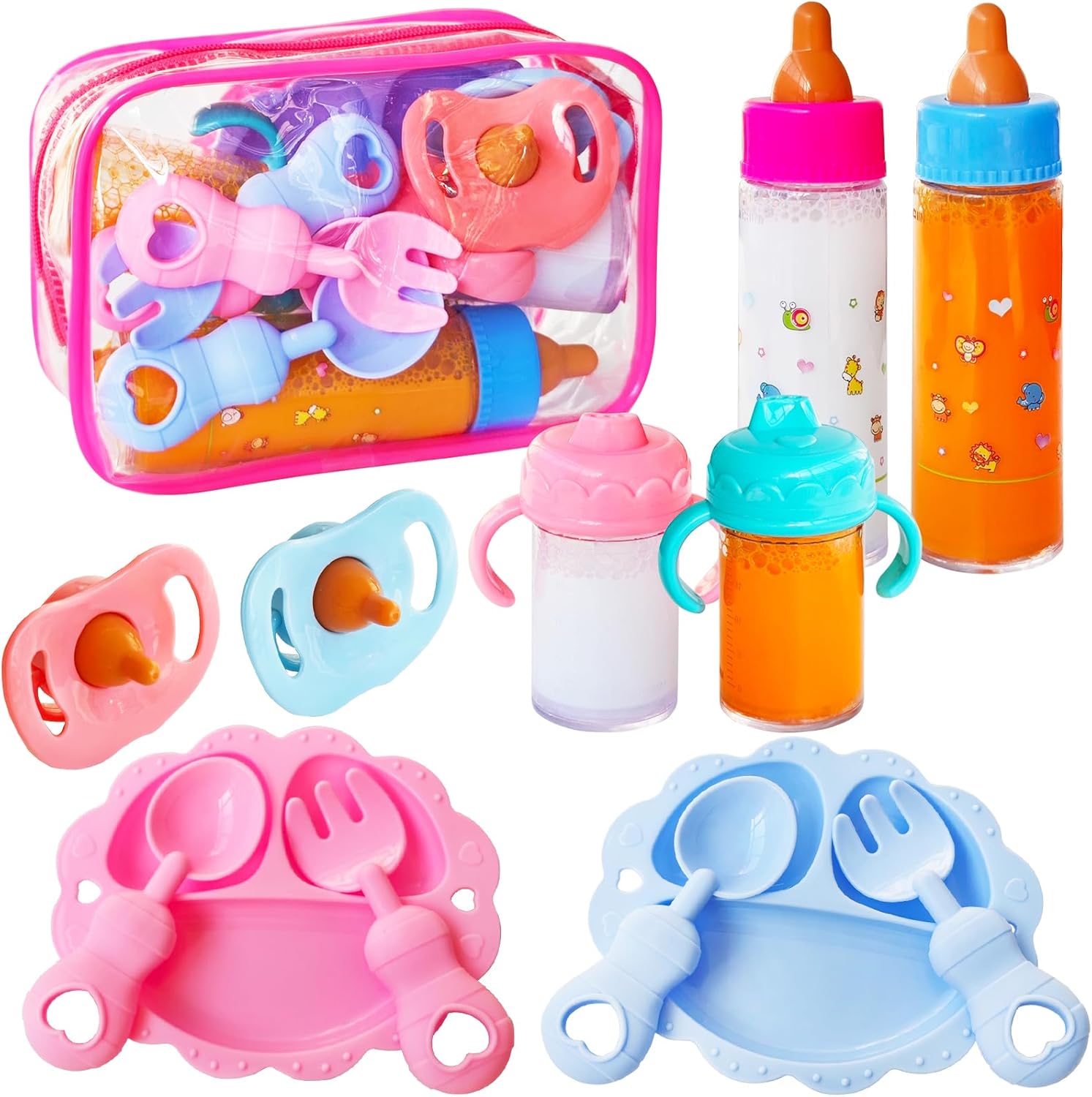 13 Pcs Baby Doll Accessories Magic Bottle Set,Pretend Play Feeding Toy Set with Package,Doll Feeding Set for Kids Girls,Magic Disappearing Juice Milk Bottles,Sippy Cups,Pacifiers,Bowl Spoons