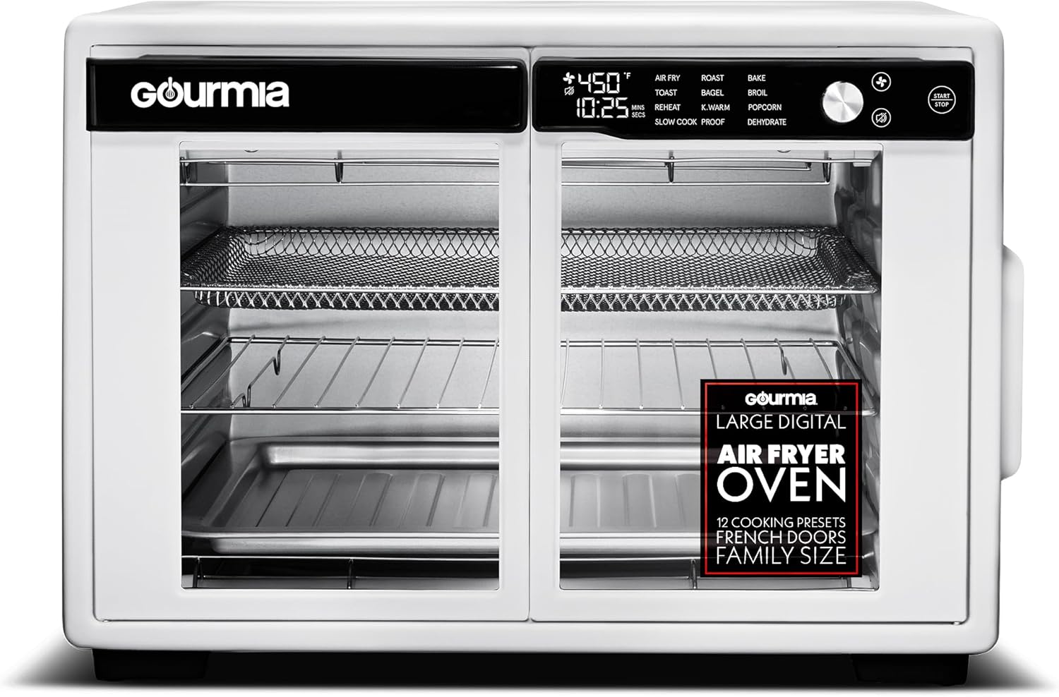 Gourmia French Door Air Fryer Oven - 37 Qt Large Capacity Convection Toaster Oven, FryForce 360°, Digital Display, 12 Cooking Presets, Dehydrate, Fits 13\u201D Pizza, Dishwasher-Safe, White