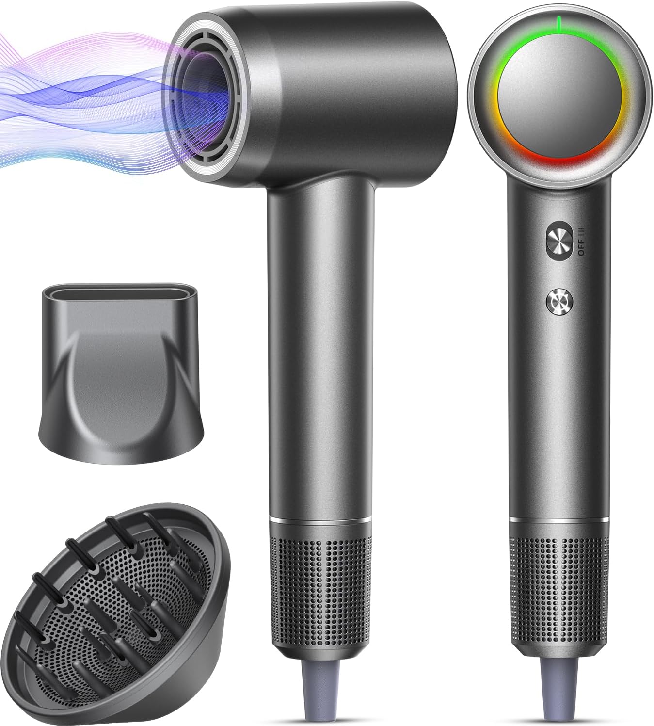 Hair Dryer - 1 Min Fast Drying, High-Speed Blow Dryer with 500 Million Negative Ions, No Heat Damage, Low Noise, Lightweight, Professional Hairdryer with Diffuser &amp; Nozzle, Gunmetal