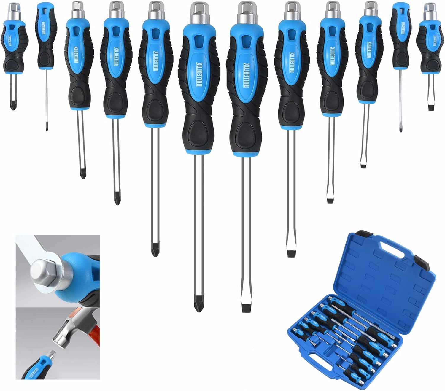 Sunplux 12-Piece Magnetic Screwdriver Set, Heavy Duty Screwdriver Set Go-Thru Steel Blades, High Torque 6 Phillips &amp; 6 Flat Head Tips Screwdrivers Set with Case
