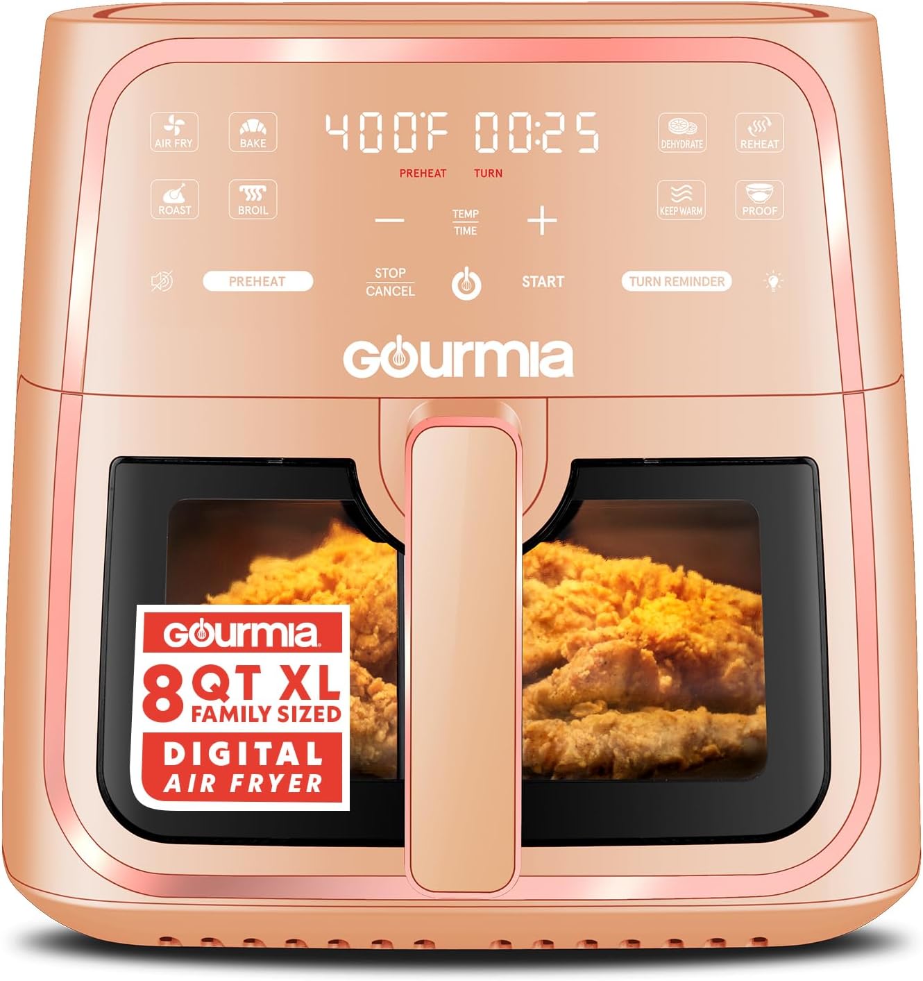 Gourmia 8 Qt Air Fryer, 8 Presets with Digital Display, FryForce 360° Technology, Easy View Window &amp; Interior Light, Dishwasher Safe Basket, Peach