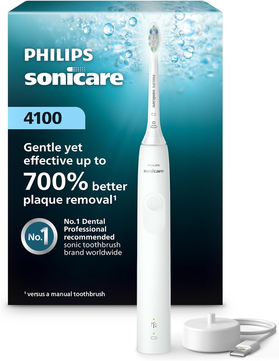 Philips Sonicare 4100 Series Electric Toothbrush - Sonic Toothbrush with Advanced Sonic Technology, Pressure Sensor, Two Intensity Settings, Smartimer &amp; Quadpacer, White, Model HX3681\/23