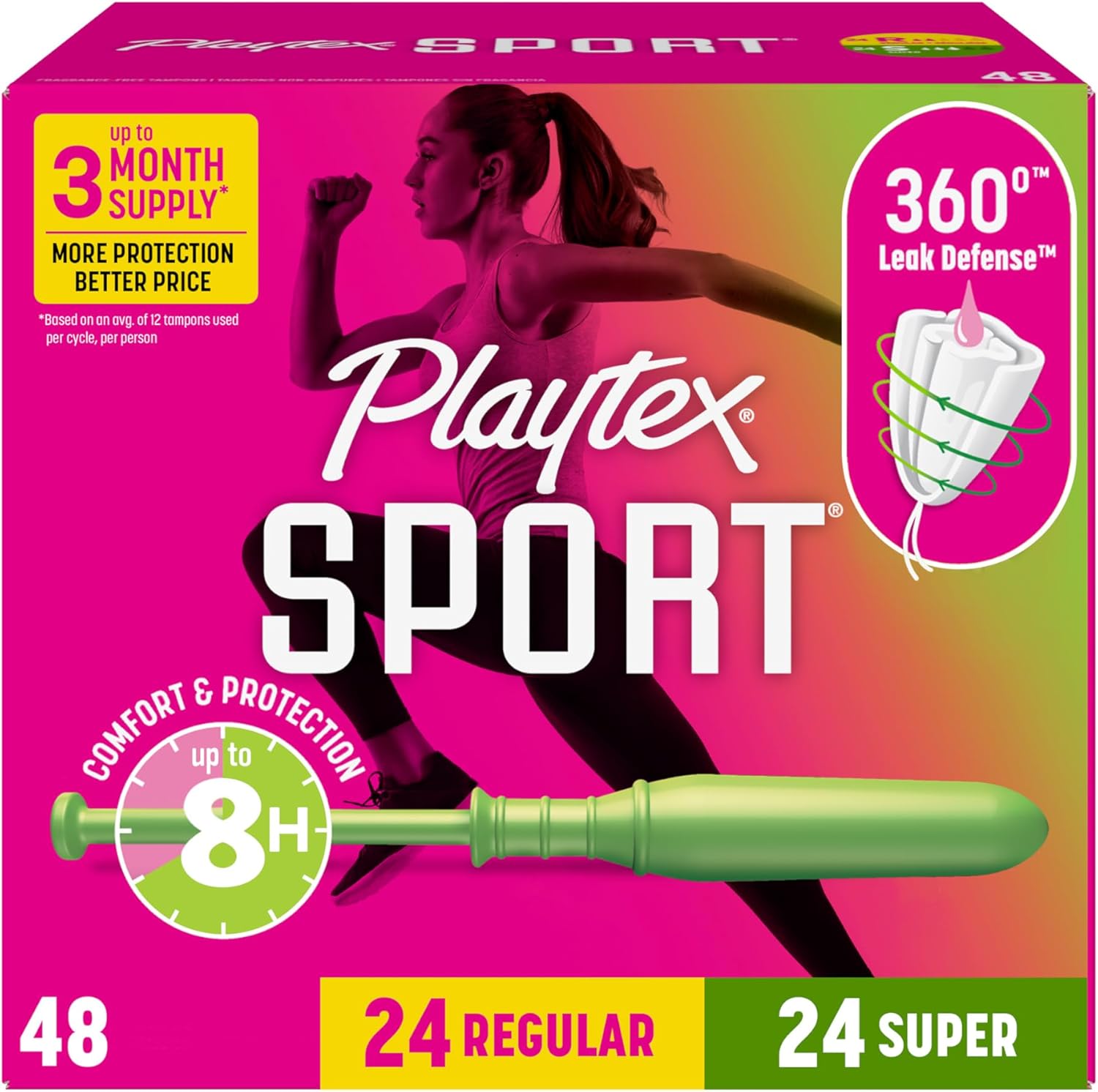 Playtex Sport Tampons Multipack (24ct Regular\/24ct Super), Fragrance-Free - 48ct | Tampons Regular and Super, Playtex Tampon Multipack, Feminine Care with 360 Leak Defense