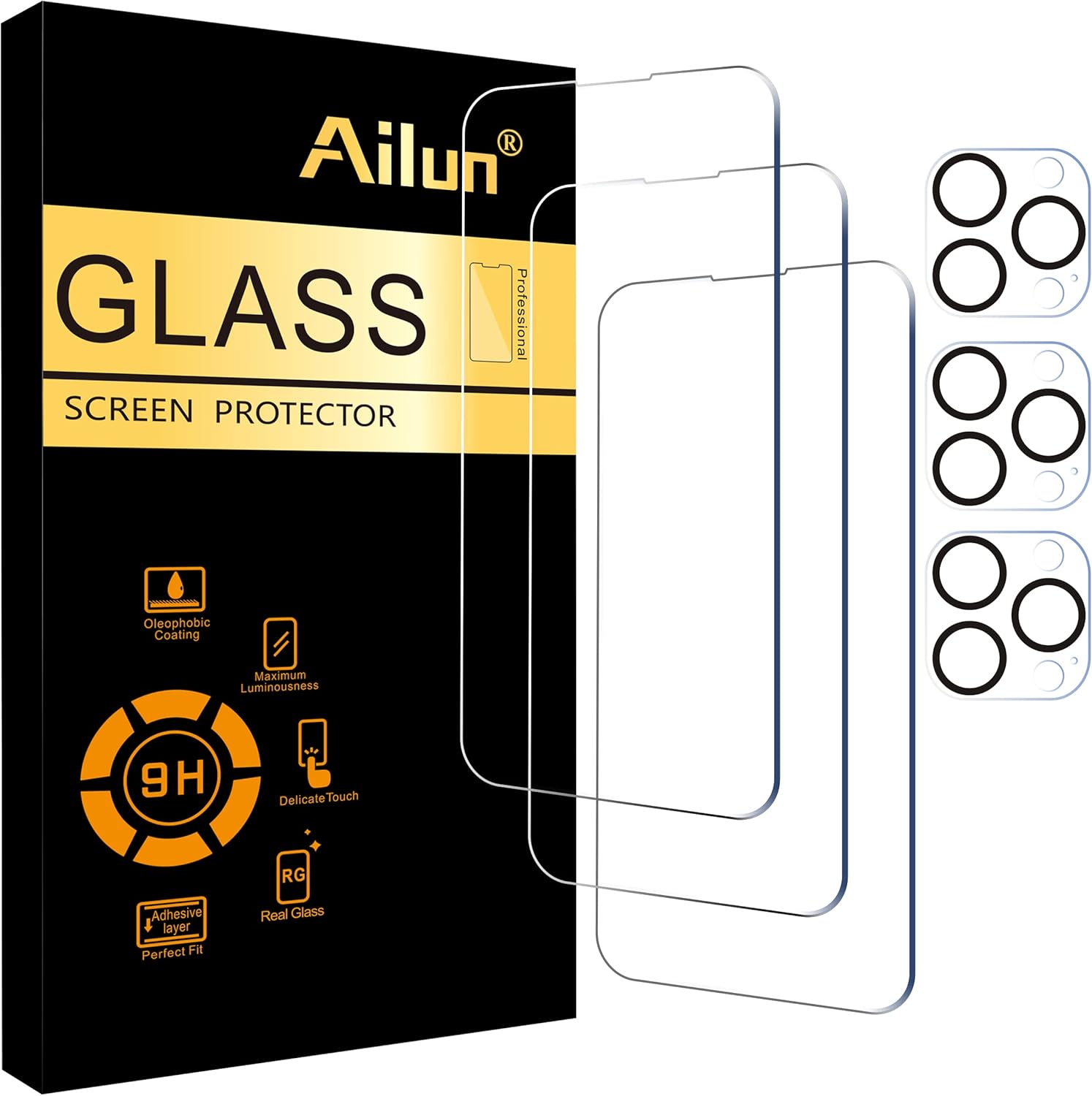 Ailun 3 Pack Screen Protector for iPhone 14 Pro Max [6.7 inch] + 3 Pack Camera Lens Protector,Sensor Protection,Dynamic Island Compatible,Case Friendly Tempered Glass Film,[9H Hardness] - HD