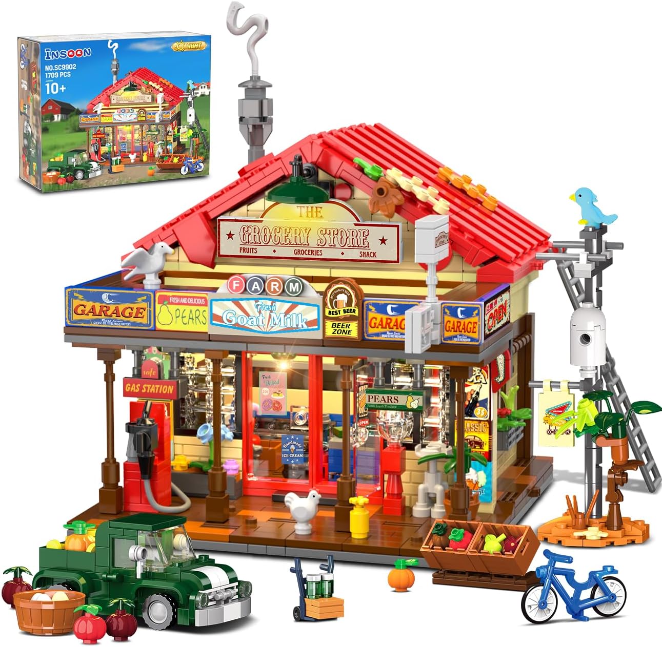 INSOON Country General Store Building Set for Adults with Lights, 1709 PCS Vintage Shop House Construction Building Block Kit, Home Decor Cabin Architecture Model for Women Men Teens Boys Girls 12+