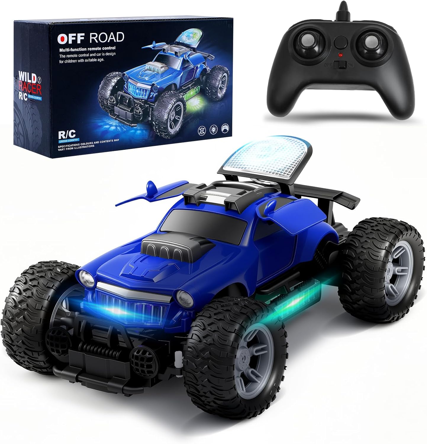 Qudify 1:18 Blue RC Car with LED Lights \u2013 Rechargeable 2.4GHz Remote Control Off-Road Truck, 80m Range, Remote-Opening Doors, Rear-Wheel Drive Racing Toy Vehicle for Kids Ages 3+