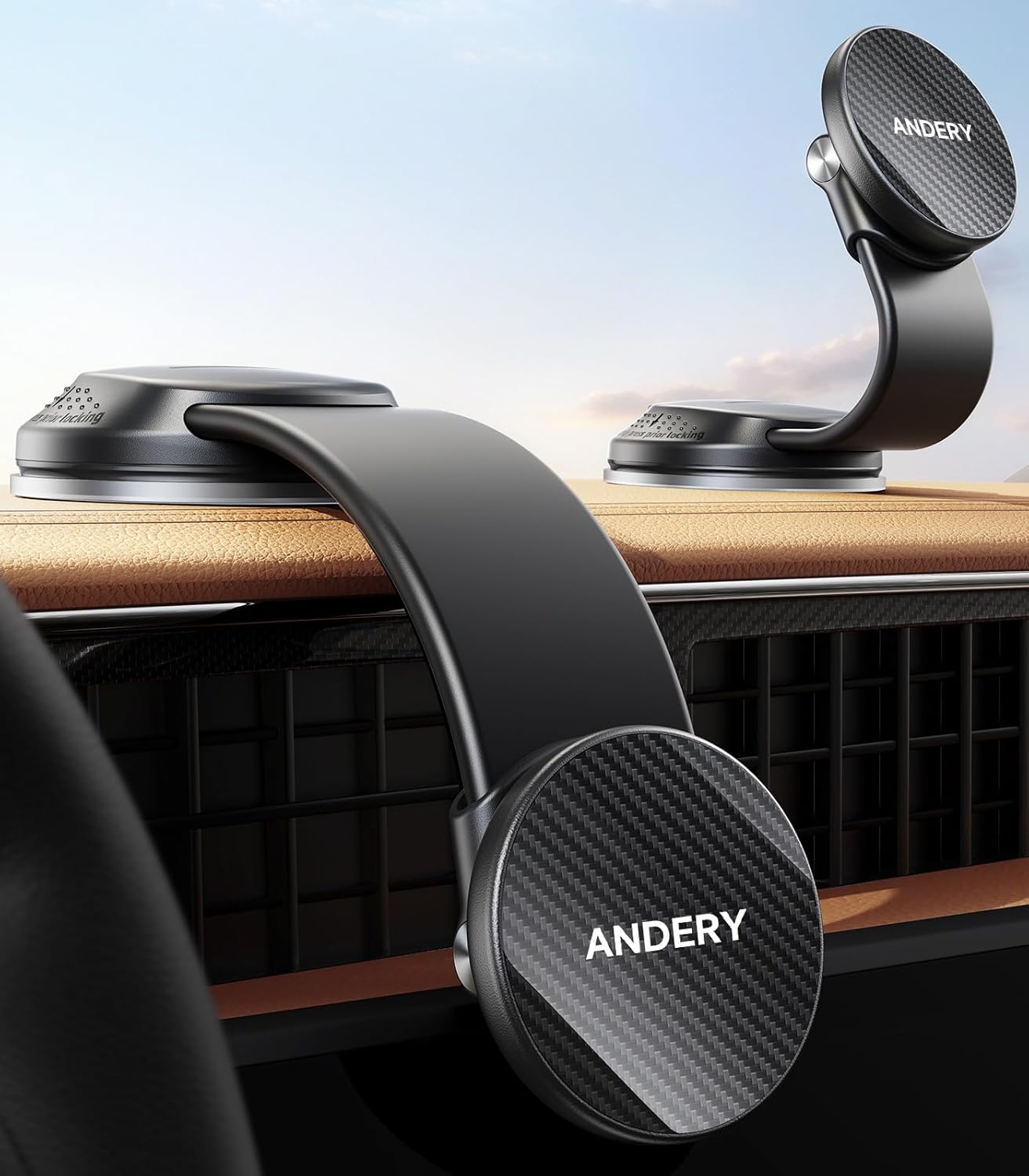 ANDERY Car Phone Holder for MagSafe [360° Adjustable Memory Alloy Arm | 2400gf Strongest Magnetic Power] Bendable Car Mount, Phone Holders for Your Car for iPhone and All Smartphones, Carbon Fiber