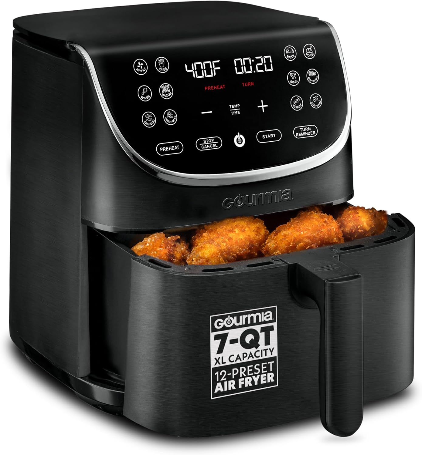 Gourmia Air Fryer - 7 Qt Large Capacity with LED Display, 12 One-Touch Presets, FryForce 360° Technology, Nonstick Dishwasher-Safe Basket &amp; Crisper Tray, Black