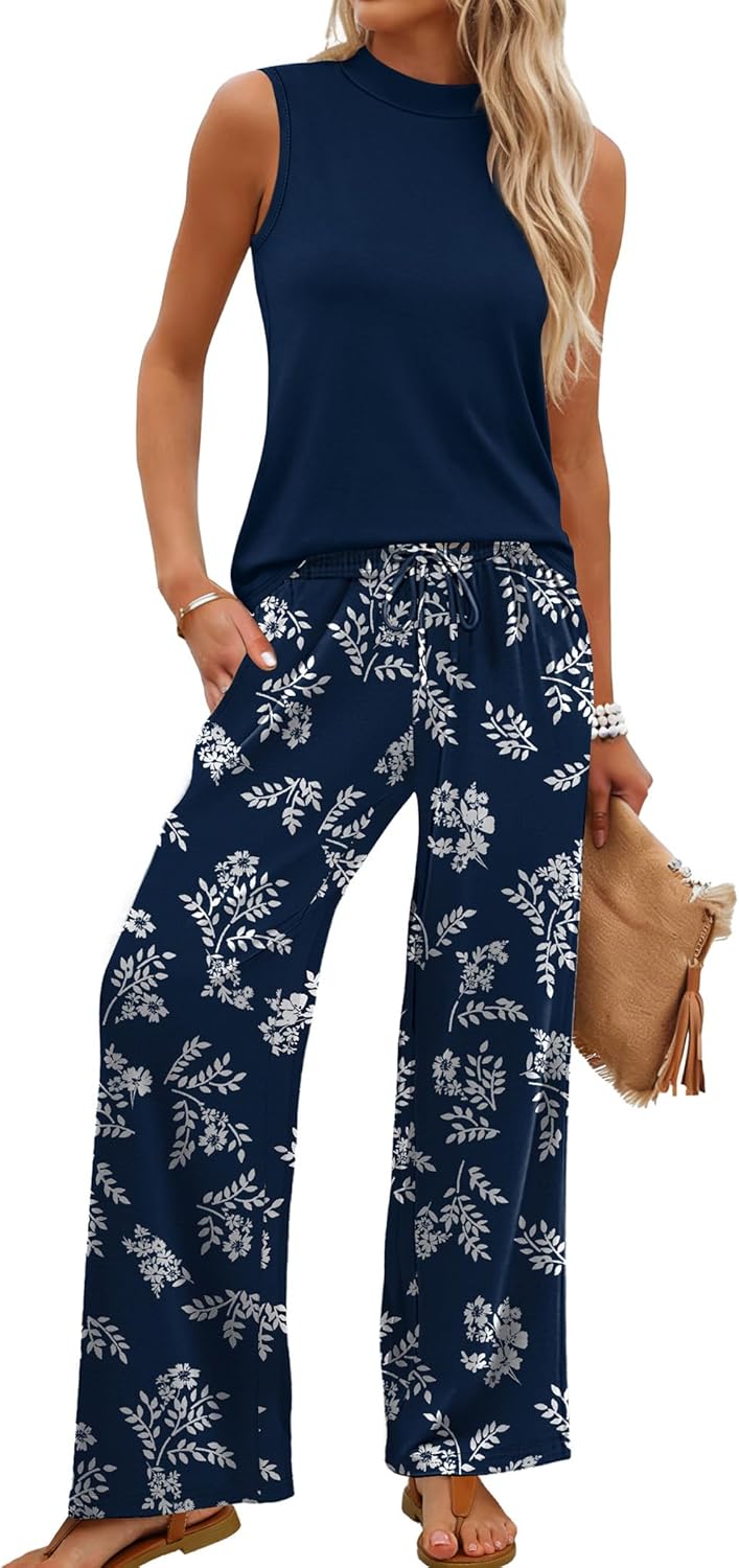 WIHOLL Two Piece Set for Women Summer Spring Outfits Cruise Travel Airport Beach Vacation Mock Neck Wide Leg Pants Set