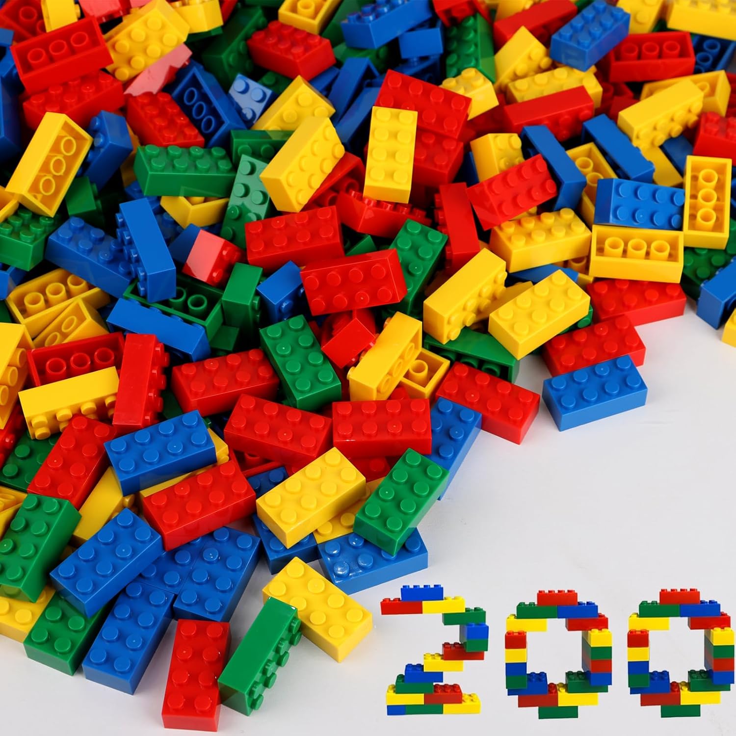HUIZDQ 200 Piece Classic Small Building Bricks, 2x4 Bulk Bricks STEM Creative Building Toys, Red, Yellow, Blue, Green(Small Bricks, 1.25x0.62x0.47 in)