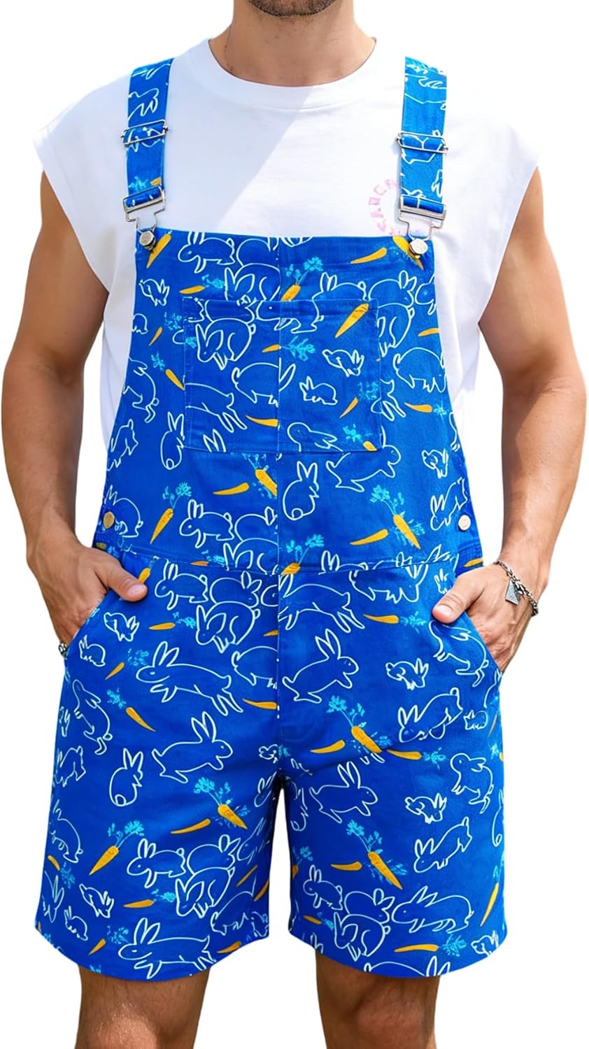 Men Easter Bib Overalls Short Jumpsuit Adjustable Breathable Fabric with Pockets Festival Outfit Summer Fashion Romper