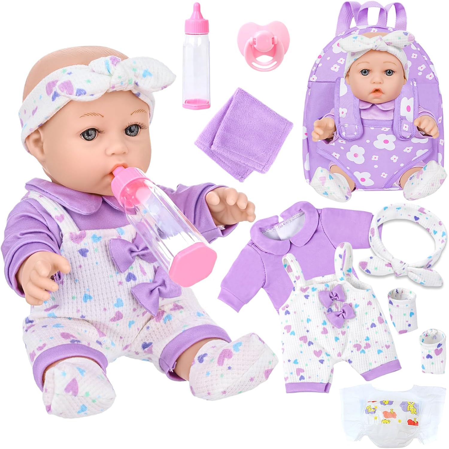 UZIDBTO 12" Baby Doll with Flower Pattern Backpack Carrier,12 Inch Realistic Baby Dolls with Clothes and Accessories Hanky Pacifier Bottle Diaper Toy Pretend Play Collection for 3+ Child Girls Gif