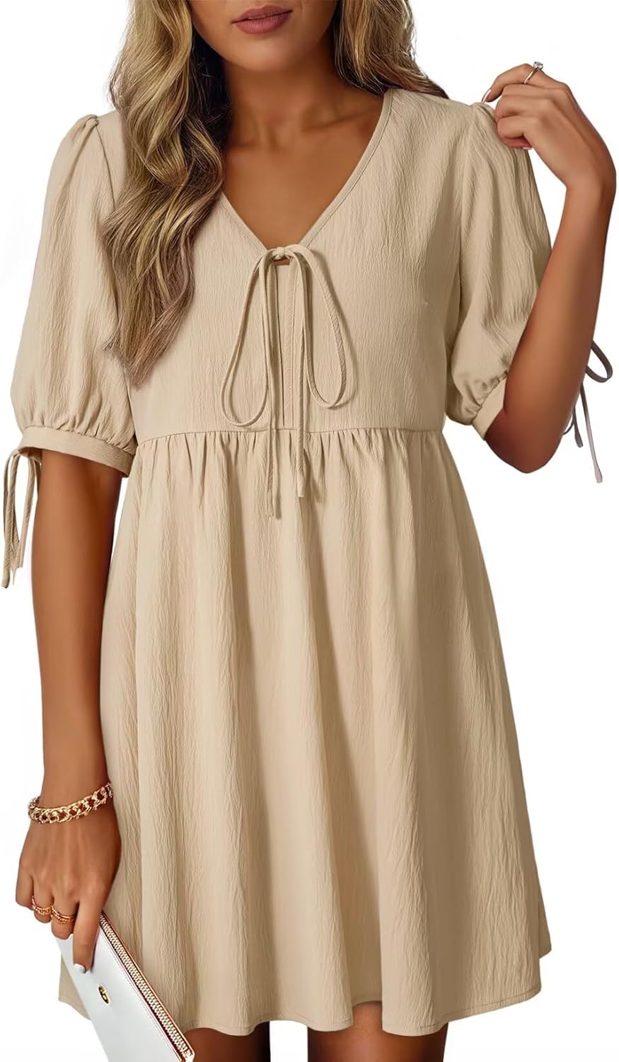 Dokotoo Summer Dresses for Women 2026 Casual V Neck Bow Tie Short Sleeve Empire Waist A-Line Mini Dress