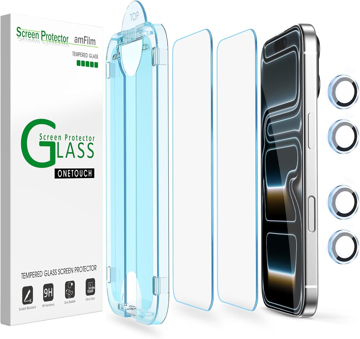 amFilm OneTouch Screen Protector for iPhone 17 Pro 6.3'' + Camera Lens Protector | Auto-Alignment Install | Bubble Free | 9H Tempered Glass | Shatterproof | FHD Clarity | Case Friendly | 2+4 P