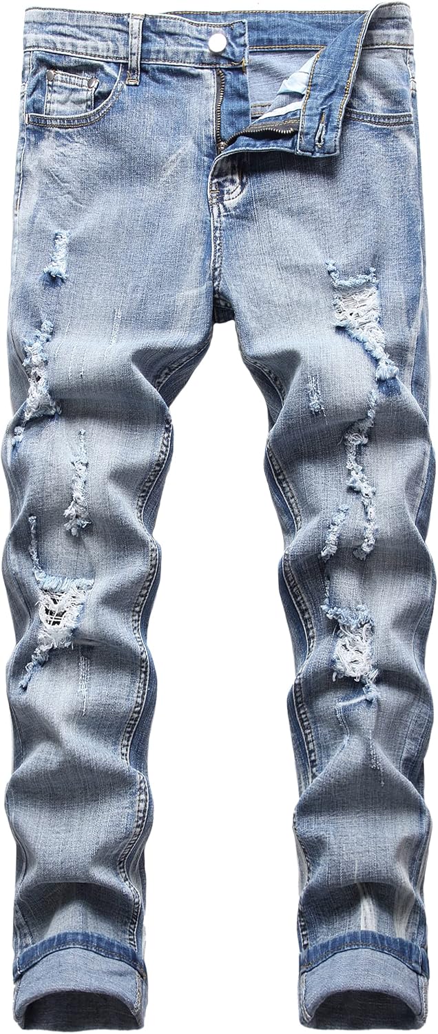 JUNBAOSS Men's Slim Fit Stretch Jeans Ripped Skinny Jeans for Men, Distressed Straight Leg Fashion Comfort Flex Waist Pants