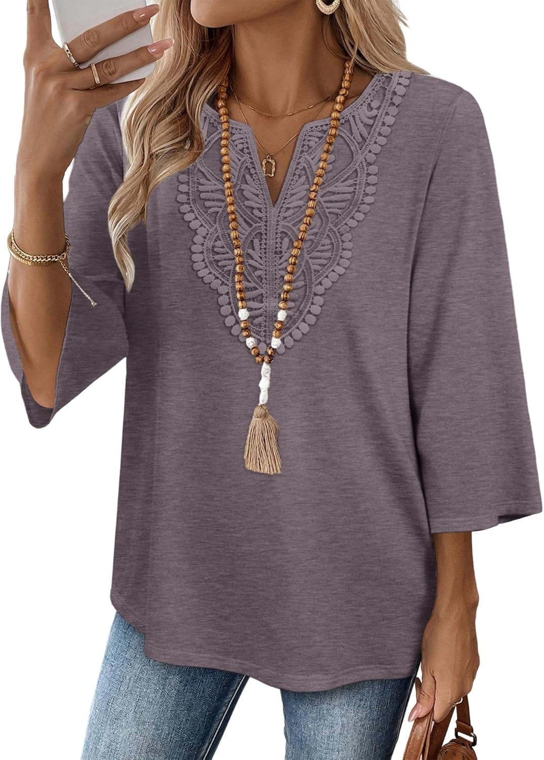 WIHOLL 3\/4 Length Sleeve Womens Tops Boho V Neck Lace Shirt Trendy Blouses Dressy Casual Vacation Clothes S-3XL