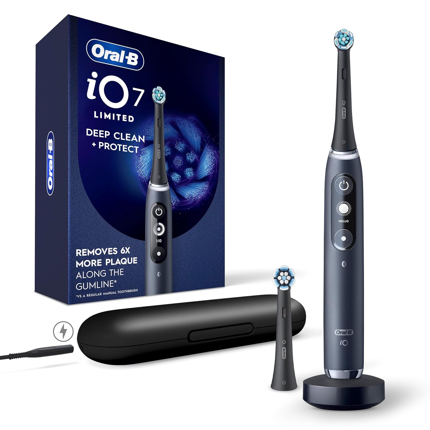 Oral-B iO Deep Clean + Protect Rechargeable Electric Toothbrush, Black, iO Series 7, 2 Replacement Brush Heads, Charging Travel Case (package may vary)