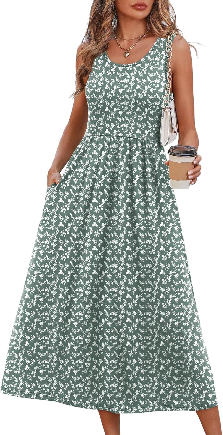 WIHOLL Summer Dresses for Women Flowy Casual Midi Dress Beach Vacation Sundresses with Pockets