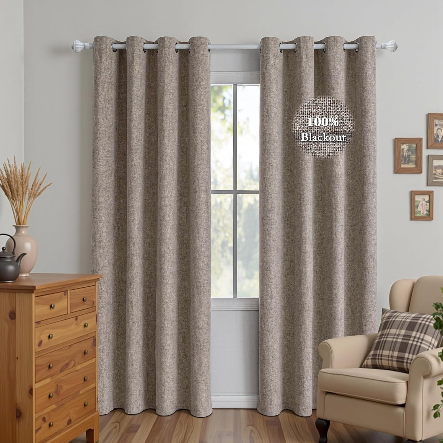FancyRoof 100% Blackout Linen Curtains for Bedroom 84 Inches Long, Black Out Thermal Insulated Grommet Curtains 2 Panels Set,Sun Blocking Privacy Drapes Living Room Nursery (52W × 84L inch, Beige)