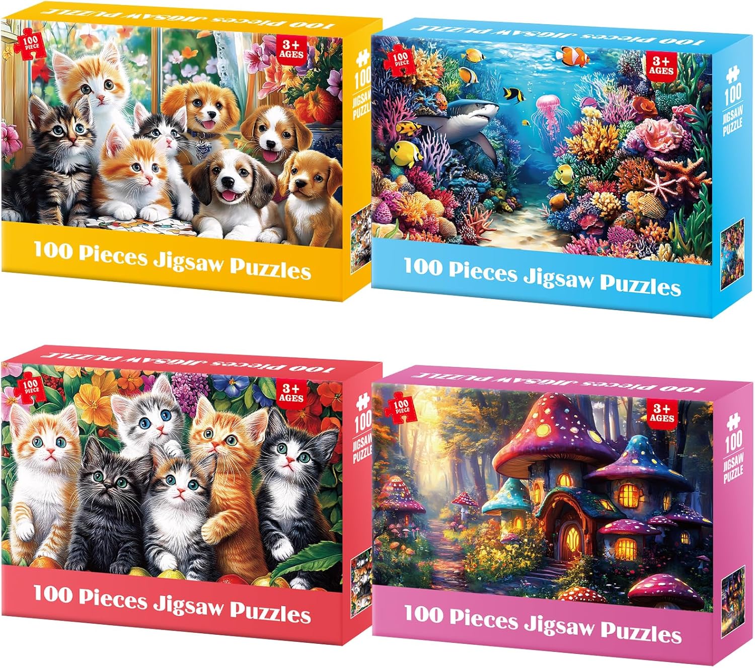 4 Packs 100 Piece Puzzles for Kids Ages 4-6 6-8 8-10, Cats Dogs Sea World Mushroom Large Piece Puzzle for Seniors 100 Pieces Adults Jigsaw Puzzle Learning Educational Xmas Toys for Boys and Girls