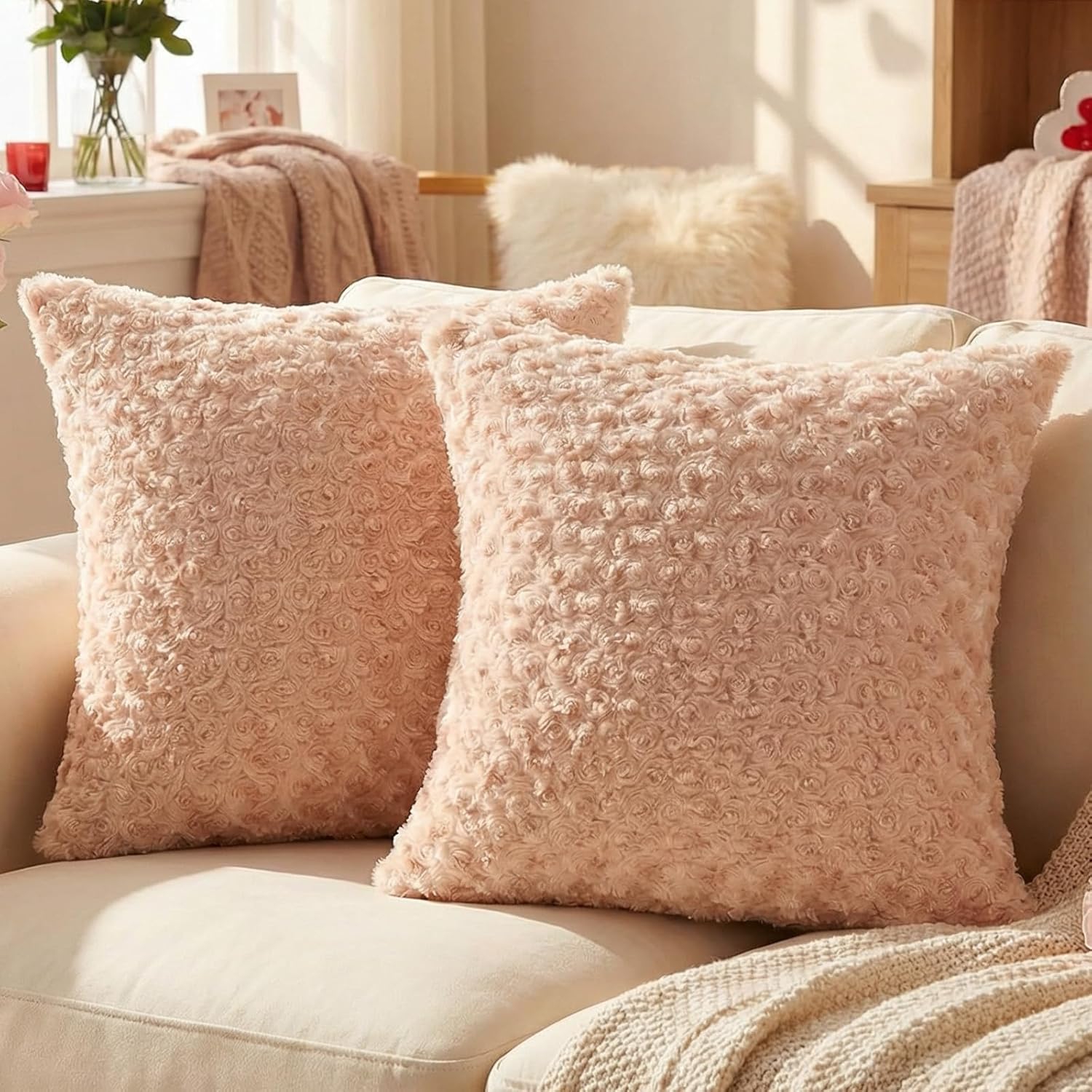 FUTEI Apricot Decorative Throw Pillow Covers 18x18 Inch Set of 2,Soft Solid Rose Swirl Textured Cushion Case,Valentine's Day Decor for Couch Living Room