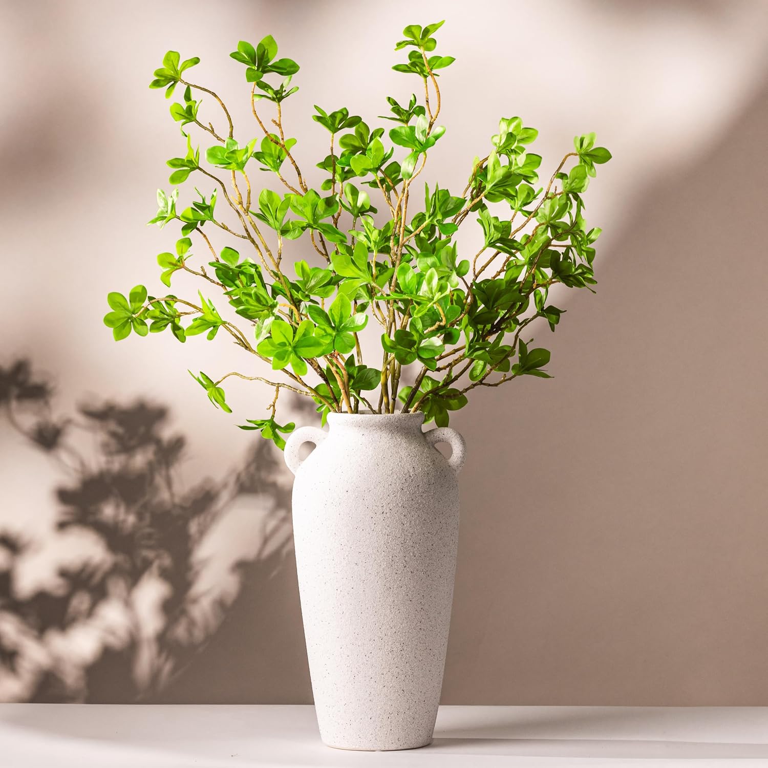 12 Inch Tall White Ceramic Vase, with 5 Branches of 25 Inch Faux Artificial Vibrant Greenery Stems Set, Textured Minimalist Jug, Fake Stem Plants, Decorative Farmhouse, Console Table Centerpiece Decor