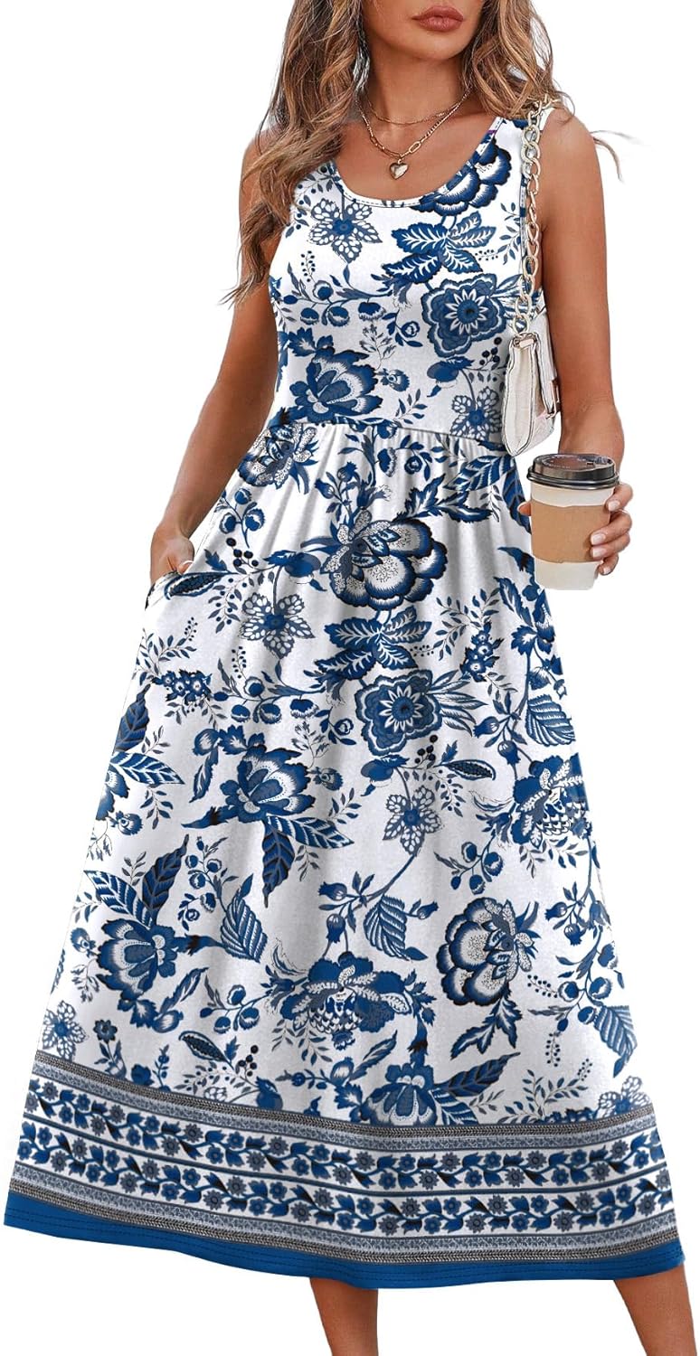 WIHOLL Summer Dresses for Women Flowy Casual Midi Dress Beach Vacation Sundresses with Pockets