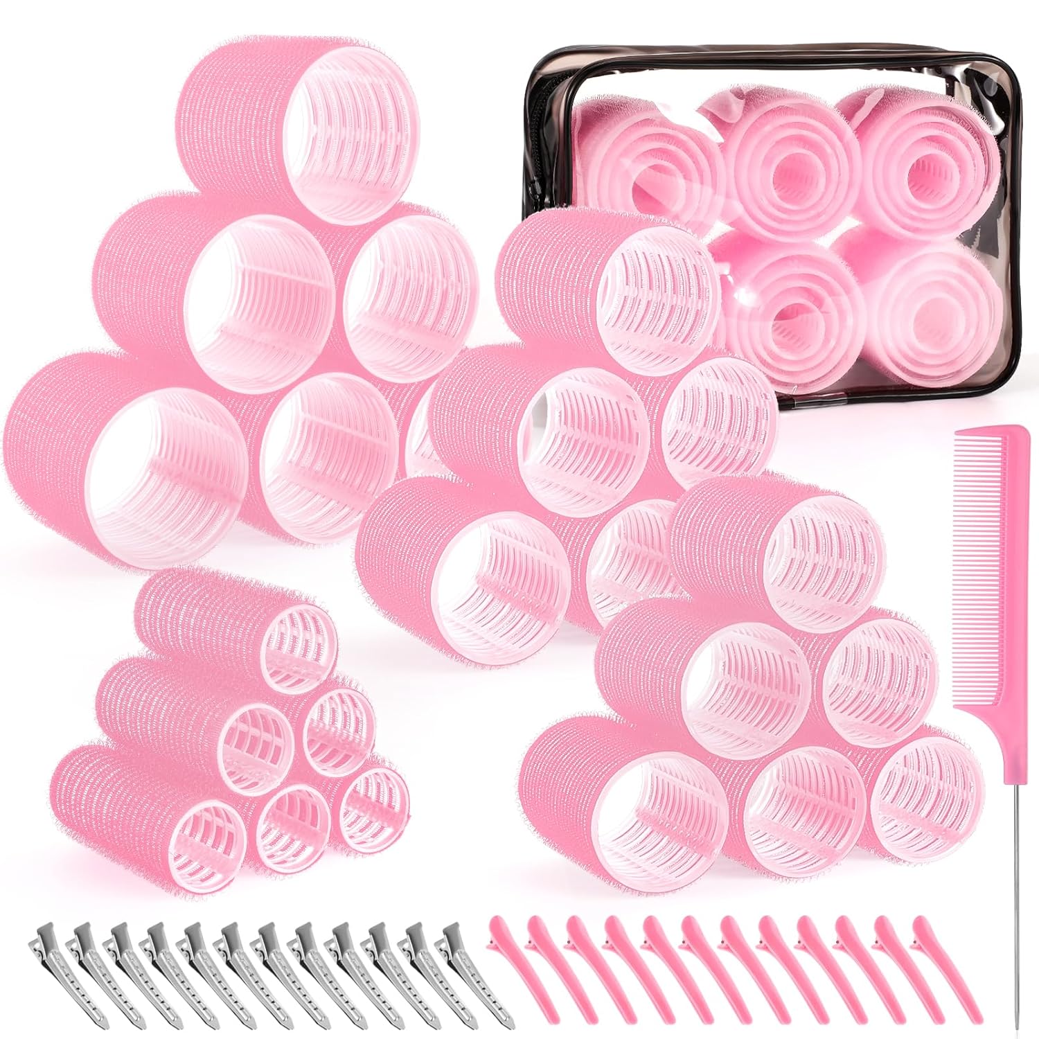 4 Sizes Self-Grip Hair Rollers Set for Long, Short Hair and Bangs - 50 Pcs with Clips (25mm, 36mm, 48mm, 60mm), Pink