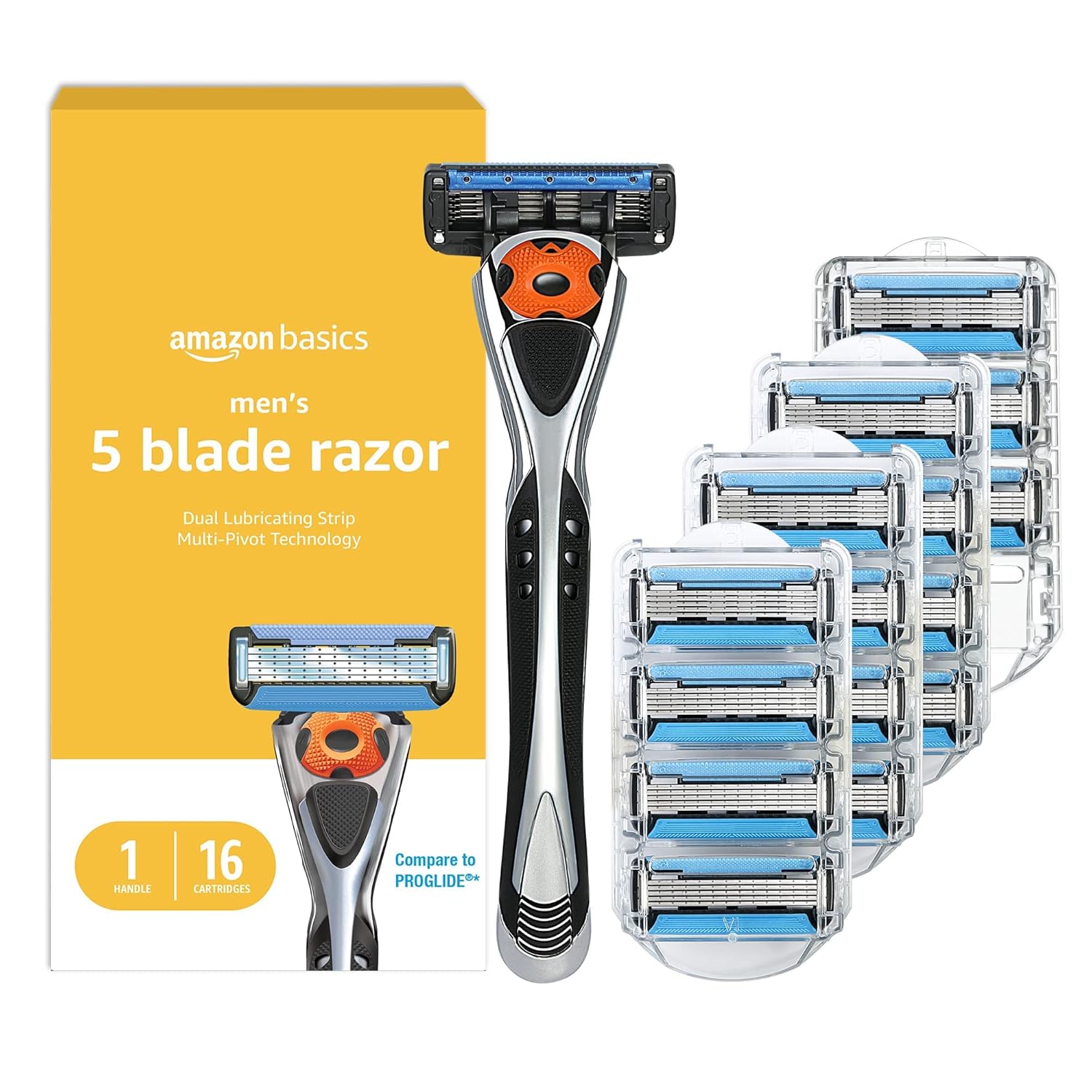 Amazon Basics 5-Blade MotionSphere Men's Razor with Dual Lubrication and Precision Trimmer, 17 Piece Set, 1 Handle &amp; 16 Cartridges, Black