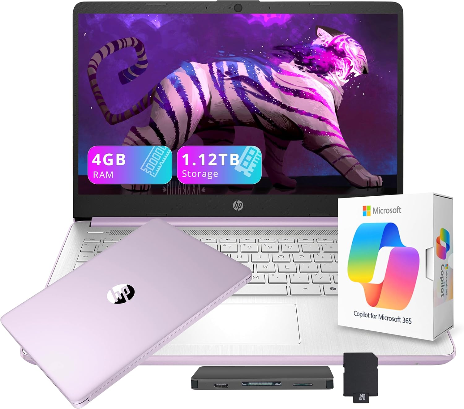 HP Flagship 14" HD Student&amp;Business Laptop with AI Copilot, 13th Gen Intel 4-Core, 4GB RAM, 1.12TB Storage (128GB UFS + 1TB Docking Station), 1 Year Office 365, Wi-Fi 6, Win 11 S, Lavender Pur
