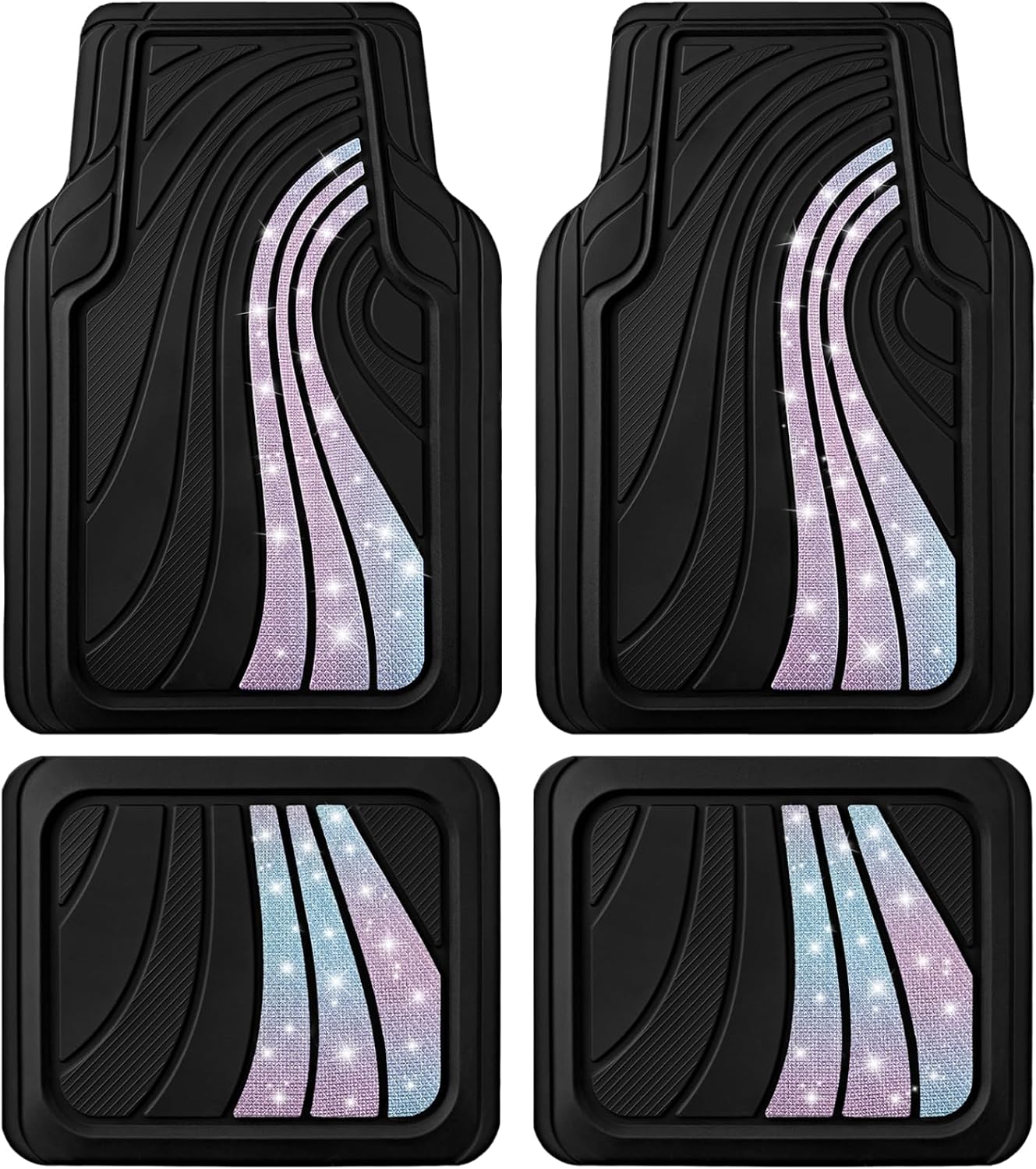 Road Comforts Car Floor Mats Full Set \u2013 Front &amp; Rear Car Floor Mats with Aluminum Design, Anti-Slip Backing, All-Weather Protection, Trim-to-Fit Car Mats for Most Sedans, SUVs &amp; Vans - Gl