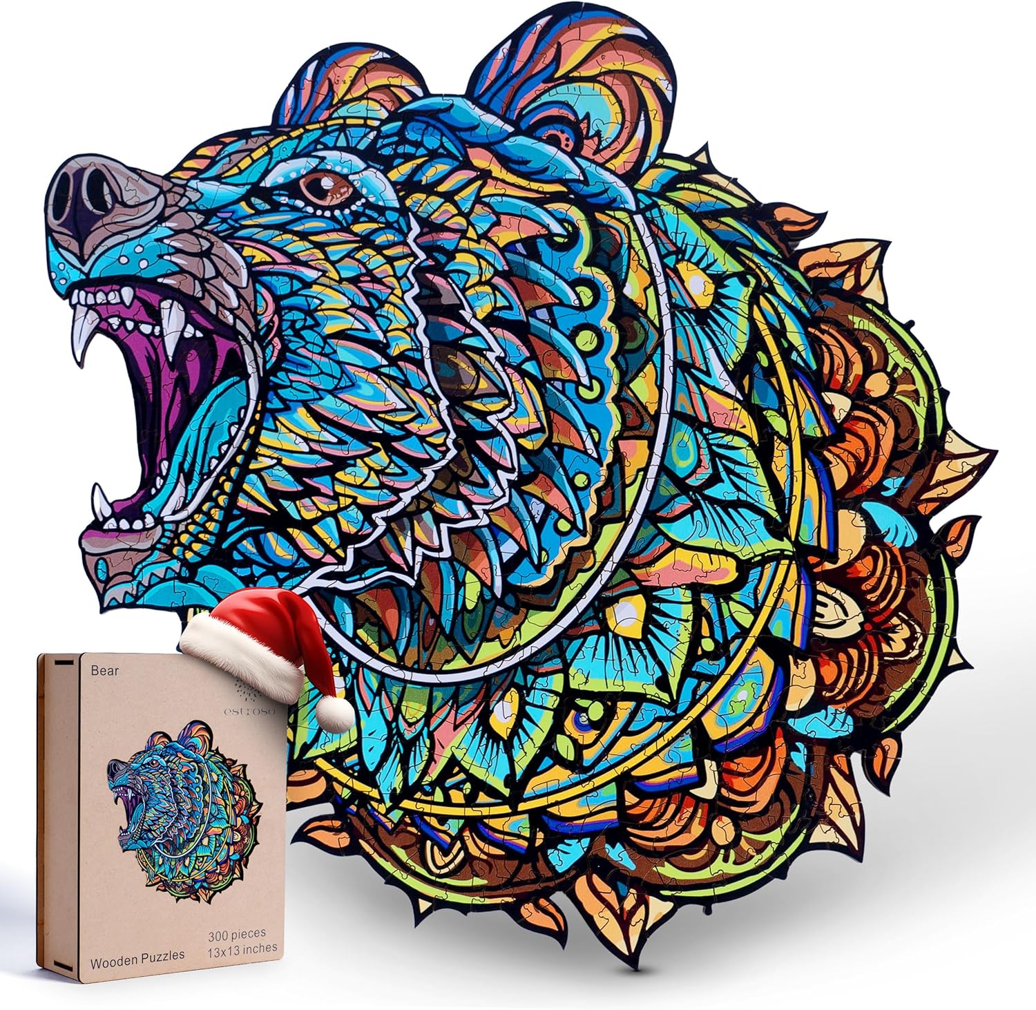 ESTROSO Wooden Puzzles for Adults - Bear Design - 300 Piece Puzzles for Adults, Wooden Jigsaw Puzzles - 13x13 Inches - Giftable Wooden Box and Carrying Bag