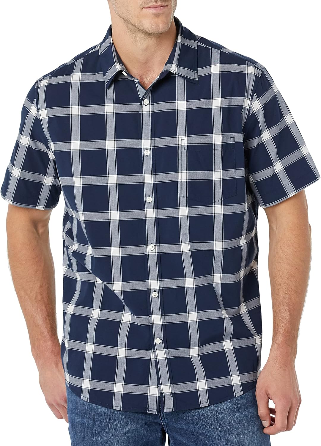 Amazon Essentials Men's Short Sleeve Dress Shirt with Stretch, Charcoal White Vertical Stripe (Available in Big &amp; Tall)