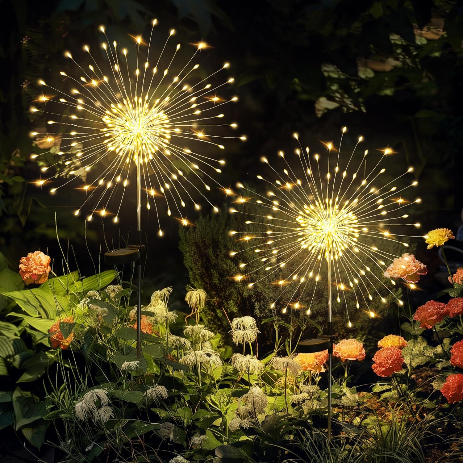 GIGALUMI Garden Decor Outdoor Lights 120LED 2Pack, Solar Garden Lights Outside Fairy Firework Decorative,Solar Powered for Yard Pathway Flowerbed Planter Balcony Patio 4th of July Decor (Warm White